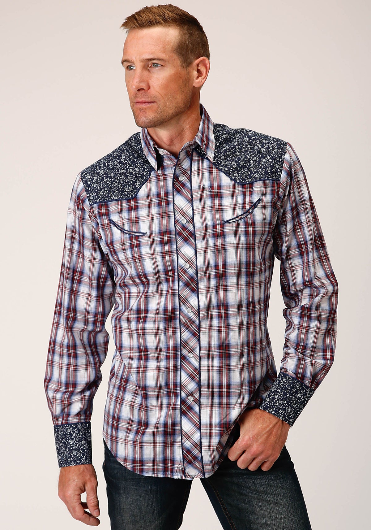 Roper Mens Long Sleeve Snap Wine  Navy  And White Plaid Western Shirt