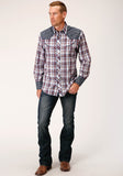 Roper Mens Long Sleeve Snap Wine  Navy  And White Plaid Western Shirt