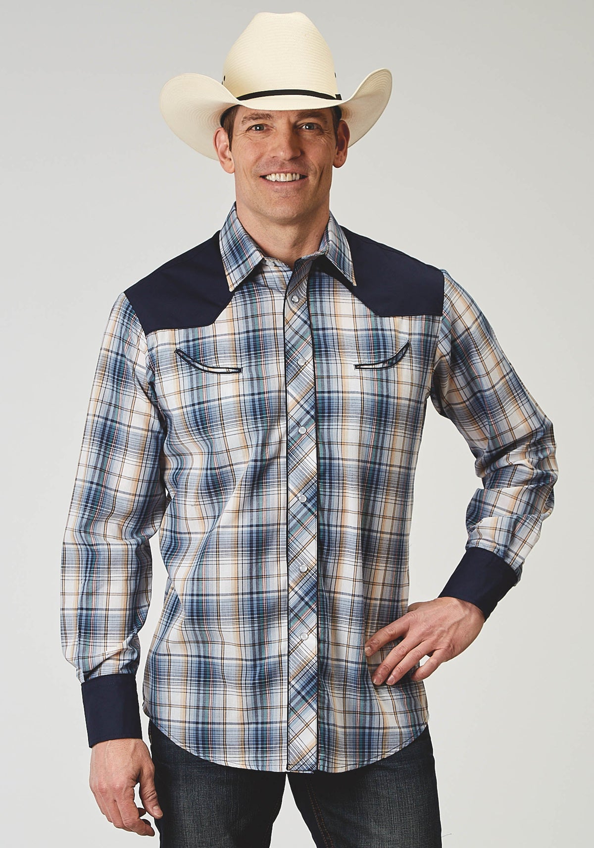 Roper Mens Long Sleeve Snap Madris Plaid Plaid Western Shirt With Piping Solid Yokes Smile Pockets