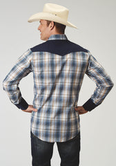 Roper Mens Long Sleeve Snap Madris Plaid Plaid Western Shirt With Piping Solid Yokes Smile Pockets