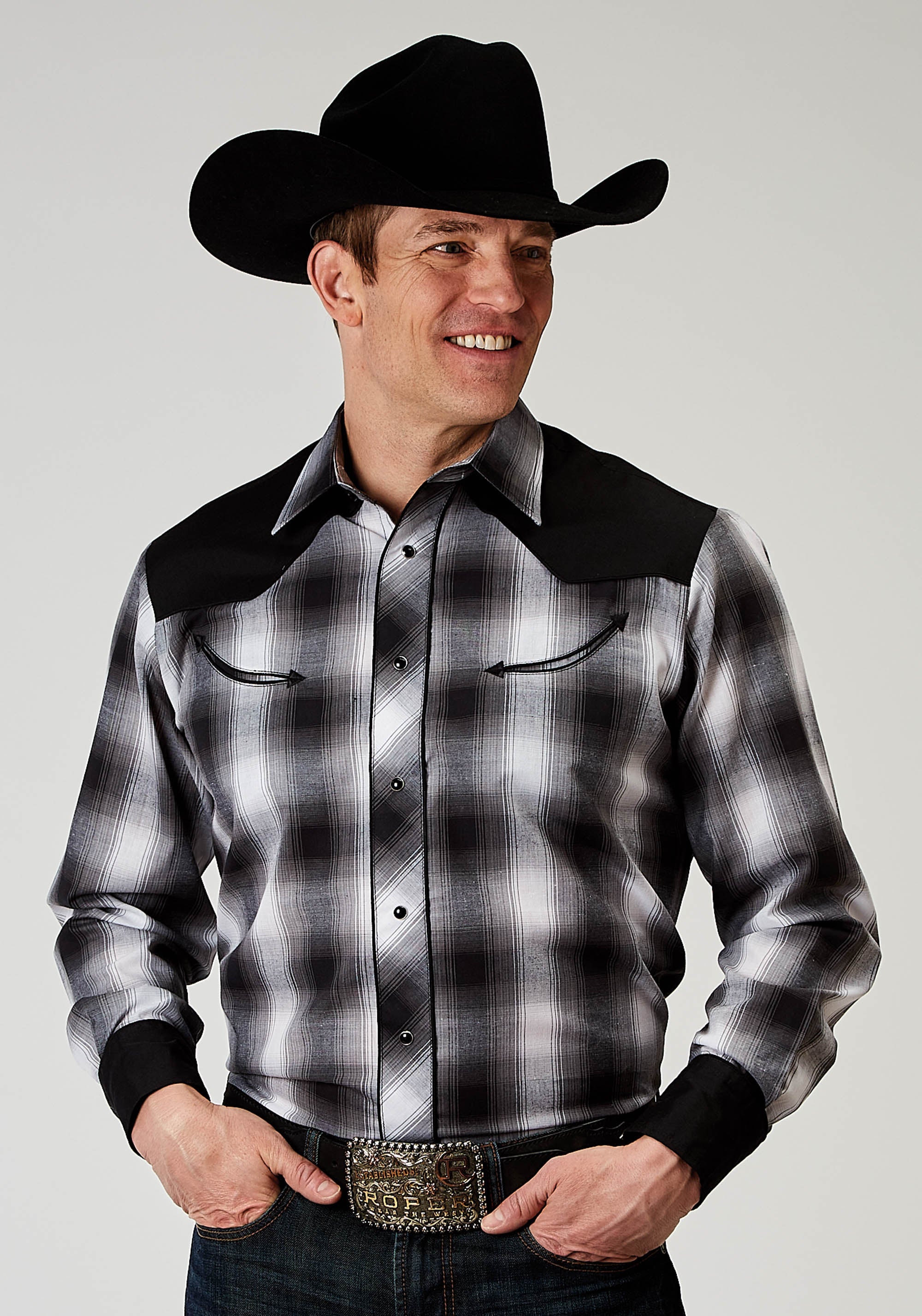 Roper Mens Long Sleeve Snap Black And White Plaid Western Shirt With Piping Solid Yokes Smile Pockets