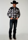 Roper Mens Long Sleeve Snap Black And White Plaid Western Shirt With Piping Solid Yokes Smile Pockets