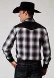 Roper Mens Long Sleeve Snap Black And White Plaid Western Shirt With Piping Solid Yokes Smile Pockets