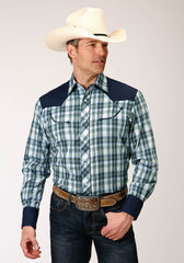 Roper Mens Long Sleeve Snap Olive  Blue  Cream Plaid Western Shirt