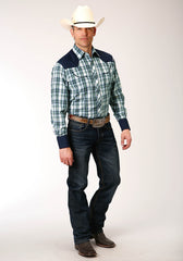 Roper Mens Long Sleeve Snap Olive  Blue  Cream Plaid Western Shirt