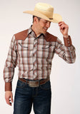 Roper Mens Long Sleeve Snap Tan Wine  And Brown Plaid Western Shirt