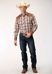 Roper Mens Long Sleeve Snap Tan Wine  And Brown Plaid Western Shirt