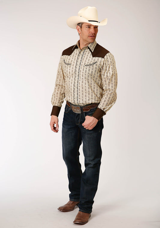 Roper Mens Long Sleeve Snap Cream And Brown Wallpaper Stripe Western Shirt - Roper