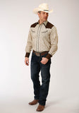 Roper Mens Long Sleeve Snap Cream And Brown Wallpaper Stripe Western Shirt