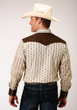 Roper Mens Long Sleeve Snap Cream And Brown Wallpaper Stripe Western Shirt