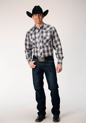 Roper Mens Long Sleeve Snap Black Aqua Grey Plaid Western Shirt