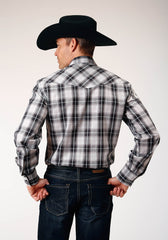 Roper Mens Long Sleeve Snap Black Aqua Grey Plaid Western Shirt