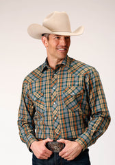 Roper Mens Long Sleeve Snap Green Rust Tan Small Scale Plaid Western Shirt