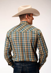 Roper Mens Long Sleeve Snap Green Rust Tan Small Scale Plaid Western Shirt