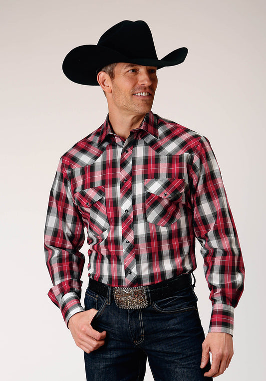 Roper Mens Long Sleeve Snap Red Black Grey Plaid Western Shirt