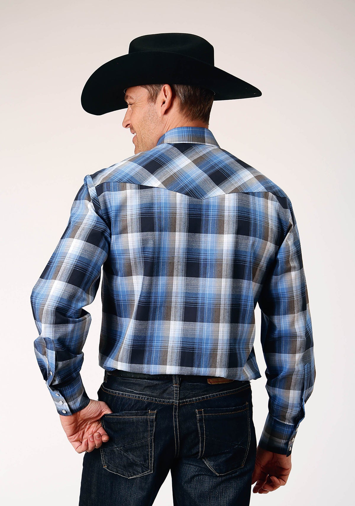 Roper Mens Long Sleeve Snap Blue Black White Plaid Western Shirt