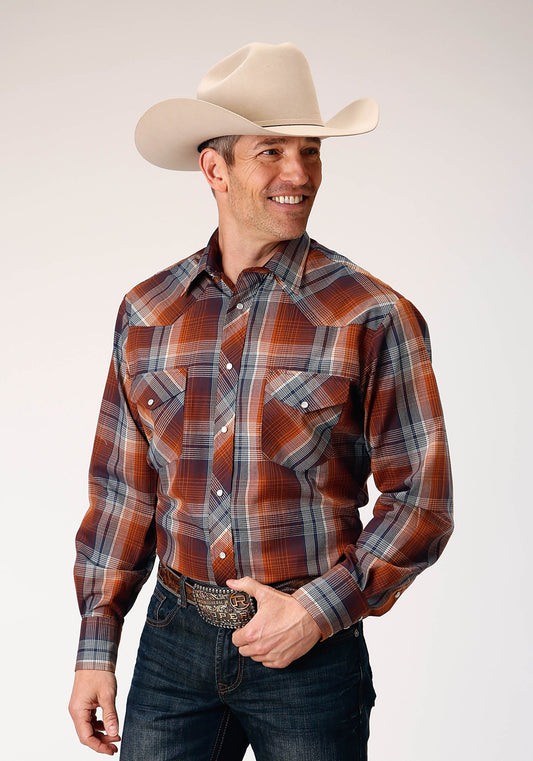 Roper Mens Long Sleeve Snap Brown Navy Cream Plaid Western Shirt