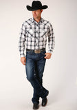 Roper Mens Long Sleeve Snap White  Black  Grey Plaid Western Shirt