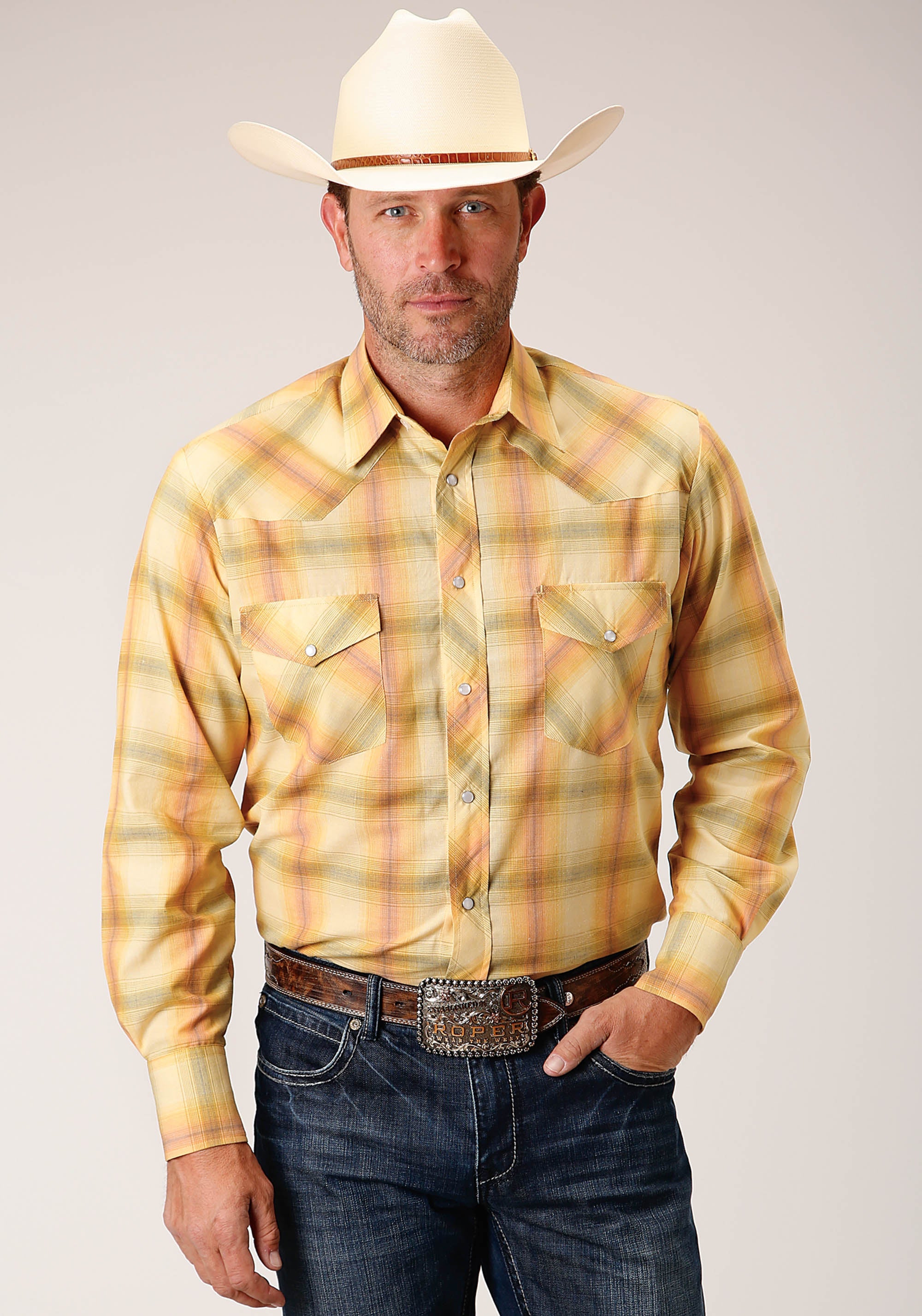 Roper Mens Long Sleeve Snap Yellow And Tangerine Plaid Western Shirt