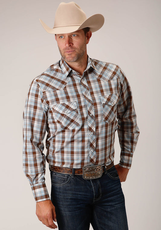 Roper Mens Long Sleeve Snap Brown  Blue And White Plaid Western Shirt