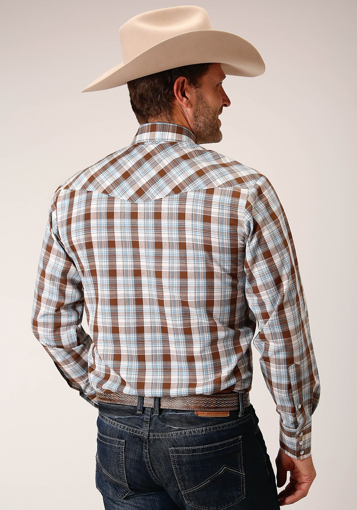 Roper Mens Long Sleeve Snap Brown  Blue And White Plaid Western Shirt