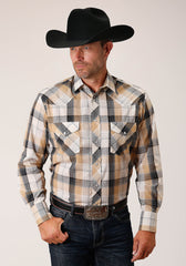 Roper Mens Long Sleeve Snap Black  Khaki  White Plaid Western Shirt