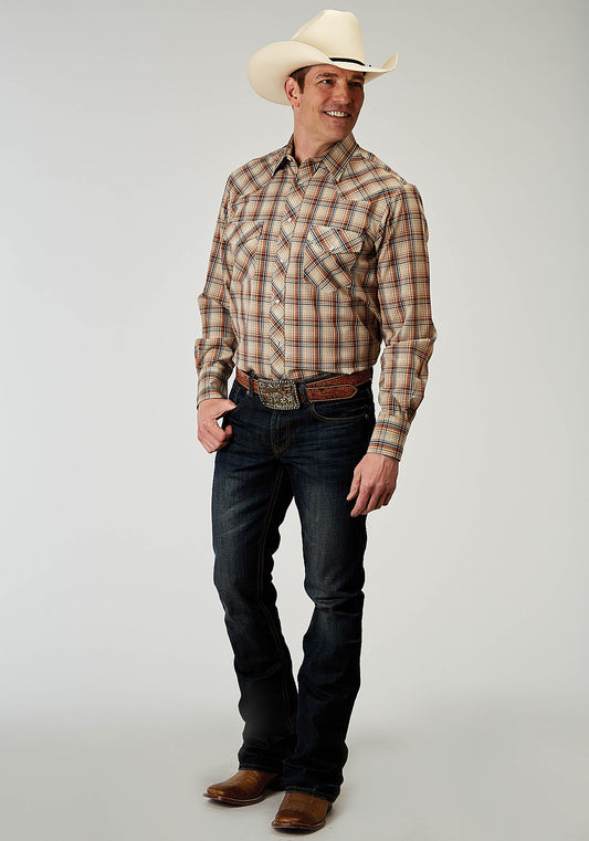 Roper Mens Long Sleeve Snap Brown Plaid Western Shirt