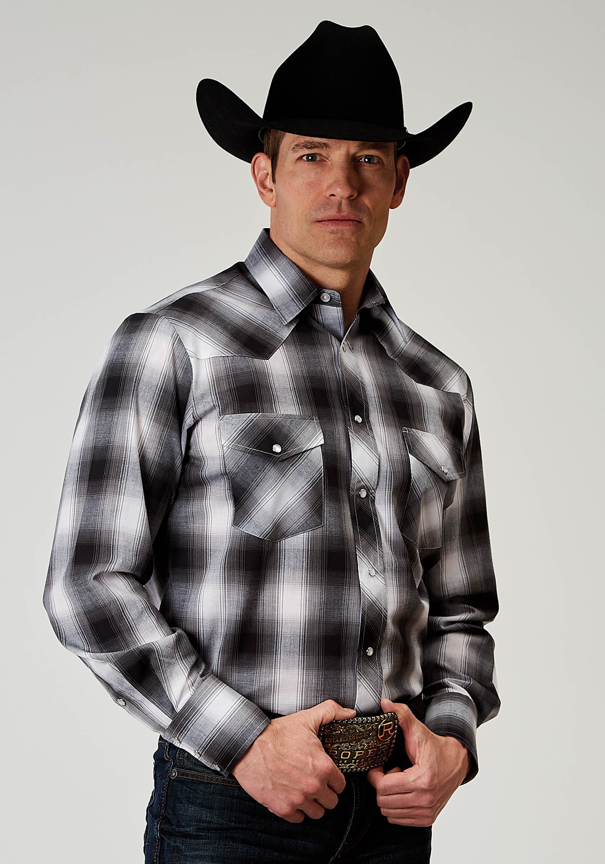 Roper Mens Long Sleeve Snap Black And White Plaid Western Shirt