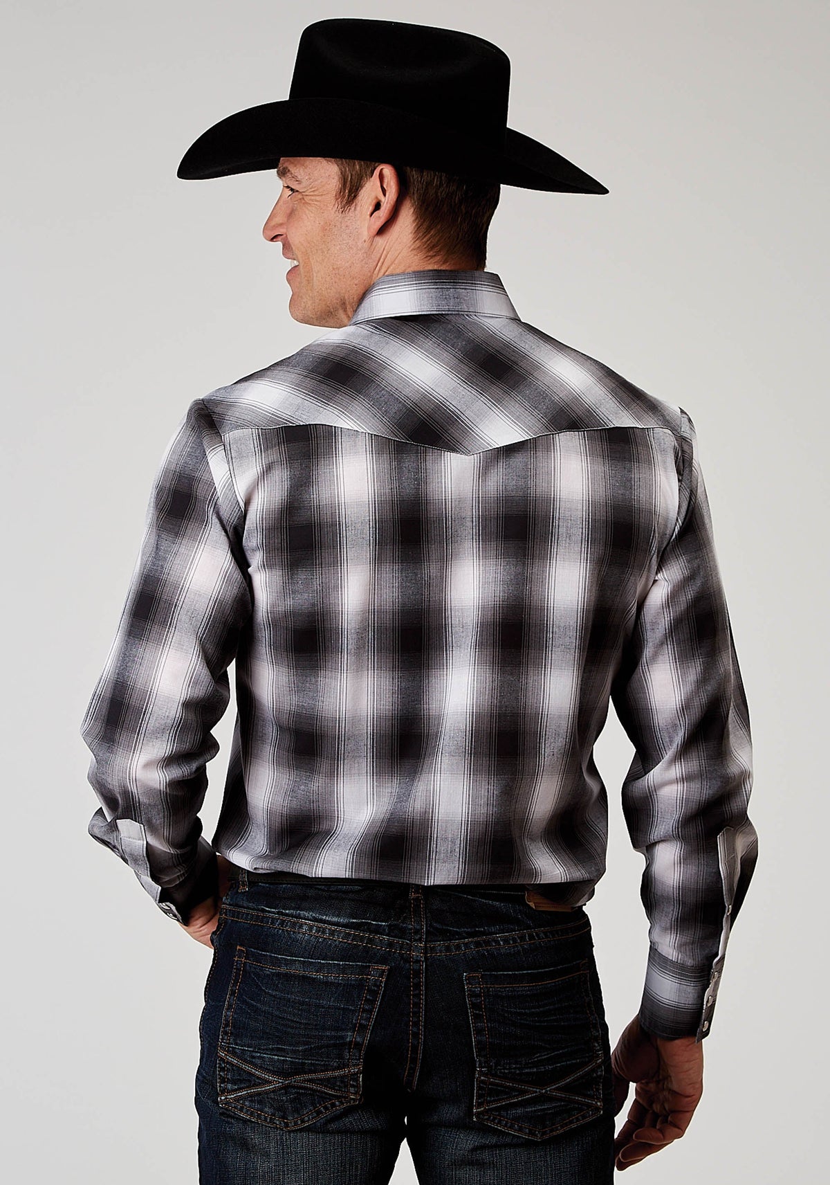 Roper Mens Long Sleeve Snap Black And White Plaid Western Shirt