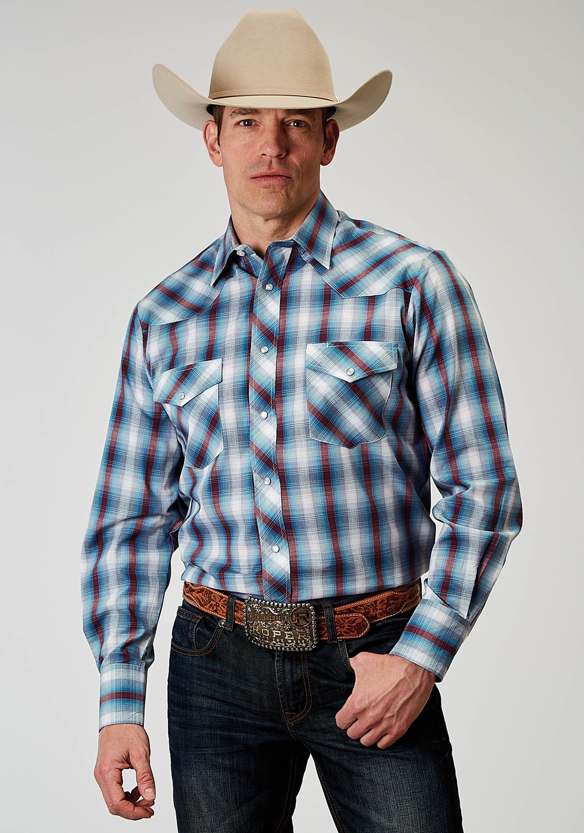 Roper Mens Long Sleeve Snap Americana Plaid Western Shirt