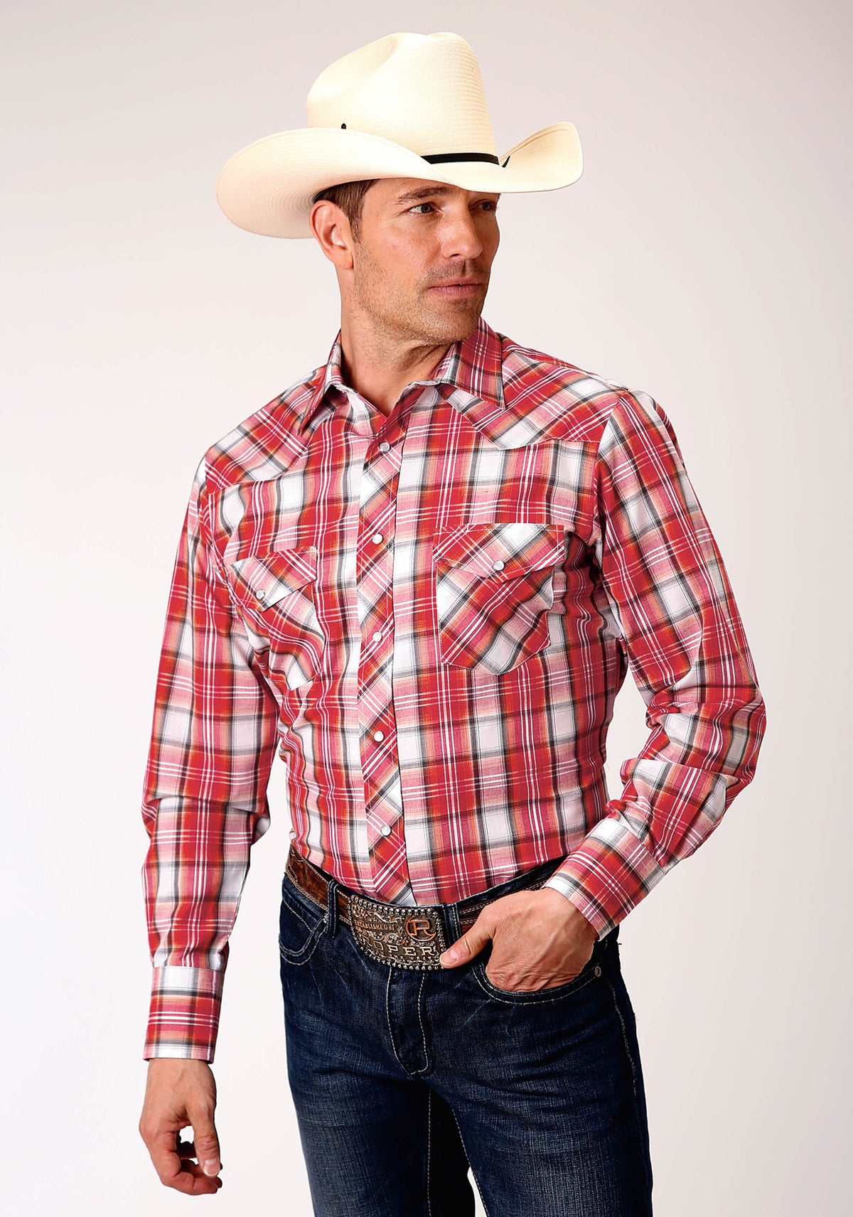 Roper Mens Long Sleeve Snap Orange  Red  Black  And White Plaid Western Shirt