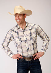 Roper Mens Long Sleeve Snap Cream Navy Brown Large Scale Plaid Western Shirt