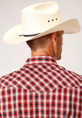 Roper Mens Long Sleeve Snap Red Navy Cream Small Scale Plaid Western Shirt