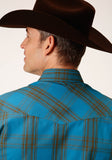 Roper Mens Long Sleeve Snap Peacock Blue And Olive Western Shirt