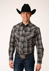 Roper Mens Long Sleeve Snap Black And Cream Plaid Western Shirt