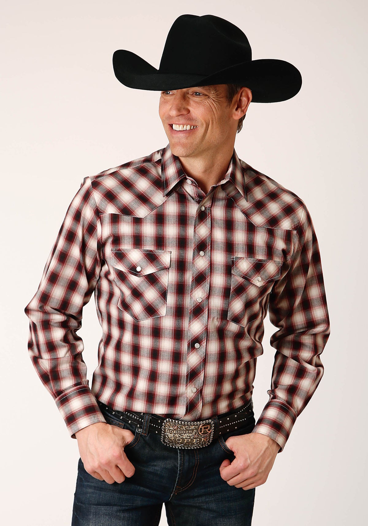 Roper Mens Long Sleeve Snap Wine Black Cream Plaid Western Shirt