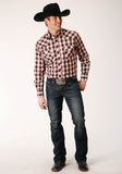 Roper Mens Long Sleeve Snap Wine Black Cream Plaid Western Shirt