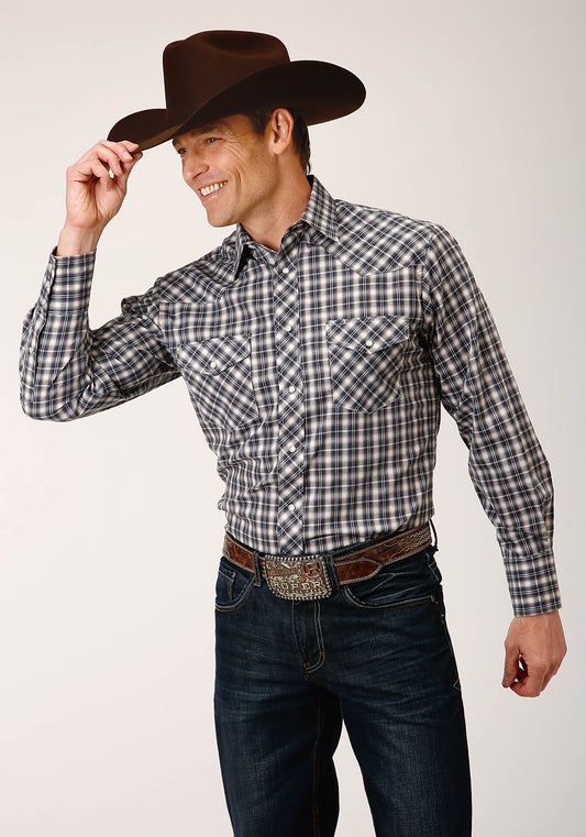 Roper Mens Long Sleeve Snap Navy Cream Tan Small Scale Plaid Western Shirt