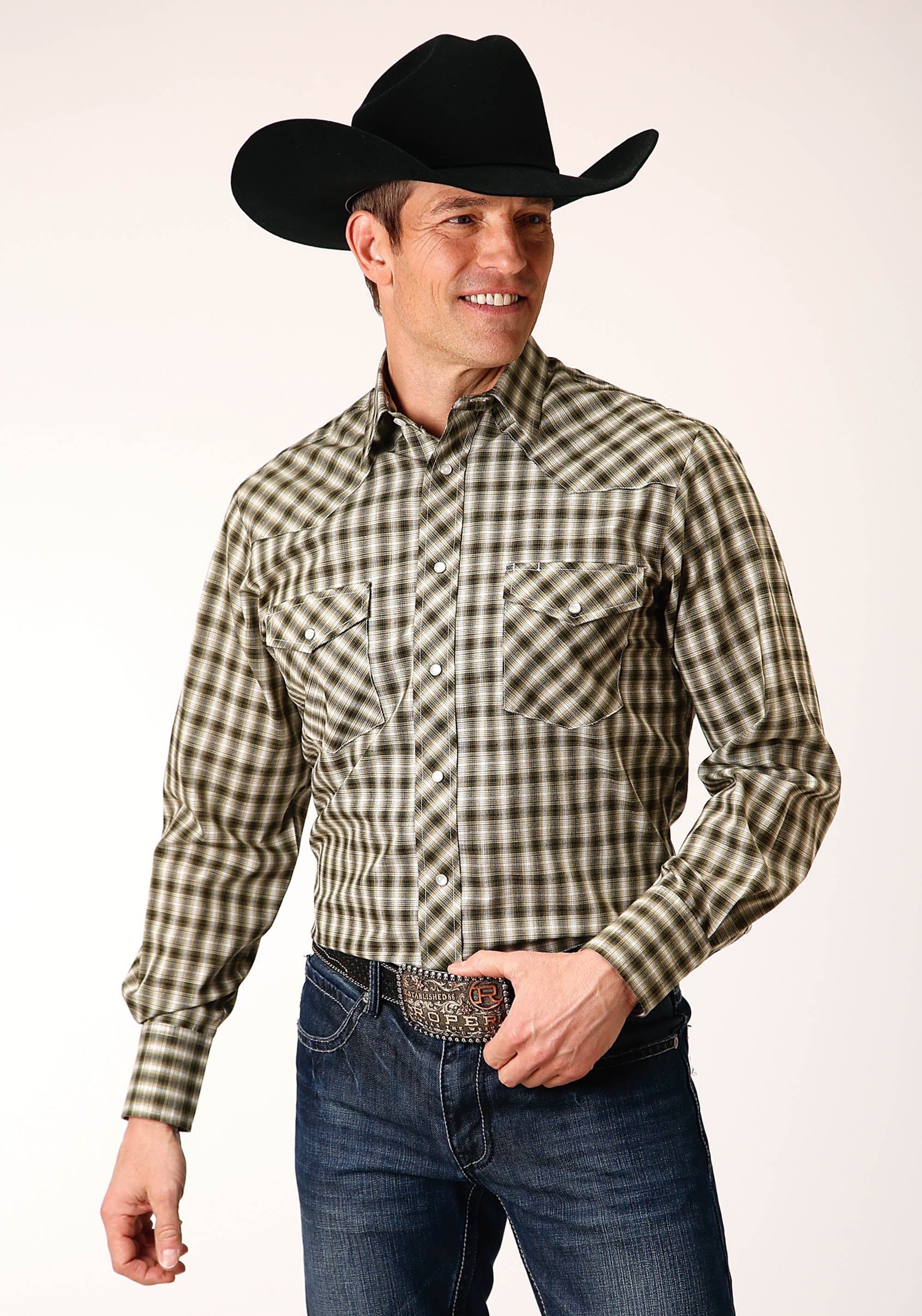 Roper Mens Long Sleeve Snap Olive Black Cream Plaid Western Shirt