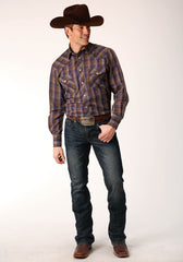 Roper Mens Long Sleeve Snap Blue Camel Brown Plaid Western Shirt