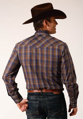 Roper Mens Long Sleeve Snap Blue Camel Brown Plaid Western Shirt