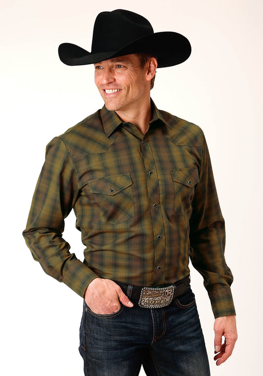 Roper Mens Long Sleeve Snap Black Gold Plaid Western Shirt