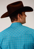 Roper Mens Long Sleeve Snap Turquoise Black And Orange Windowpane Plaid Western Shirt