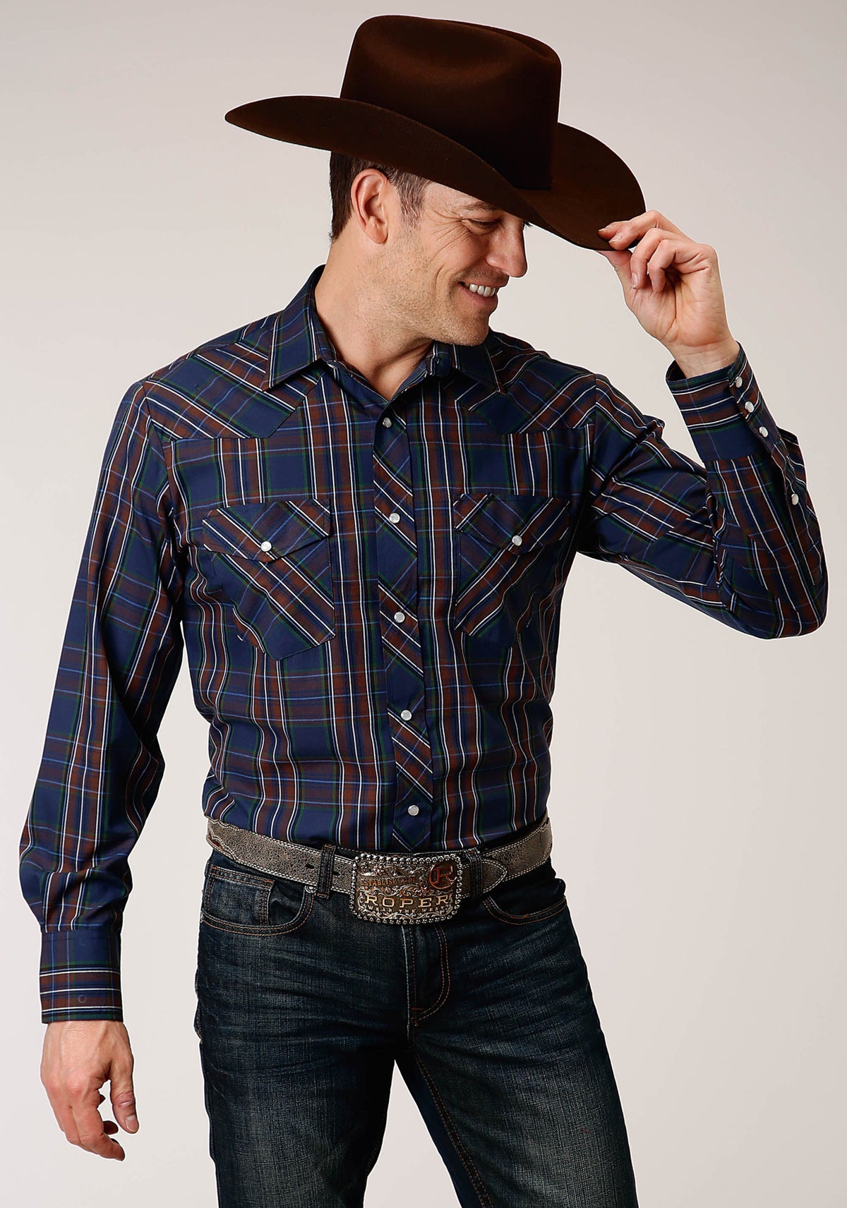 Roper Mens Long Sleeve Snap Navy  Wine  Brown  Green Plaid Western Shirt