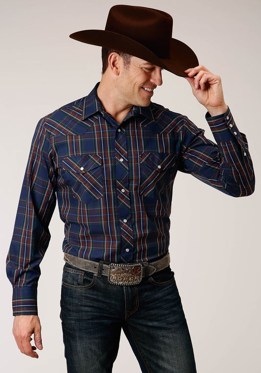 Roper Mens Long Sleeve Snap Navy  Wine  Brown  Green Plaid Western Shirt - Roper