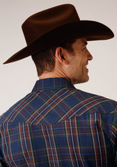 Roper Mens Long Sleeve Snap Navy  Wine  Brown  Green Plaid Western Shirt - Roper