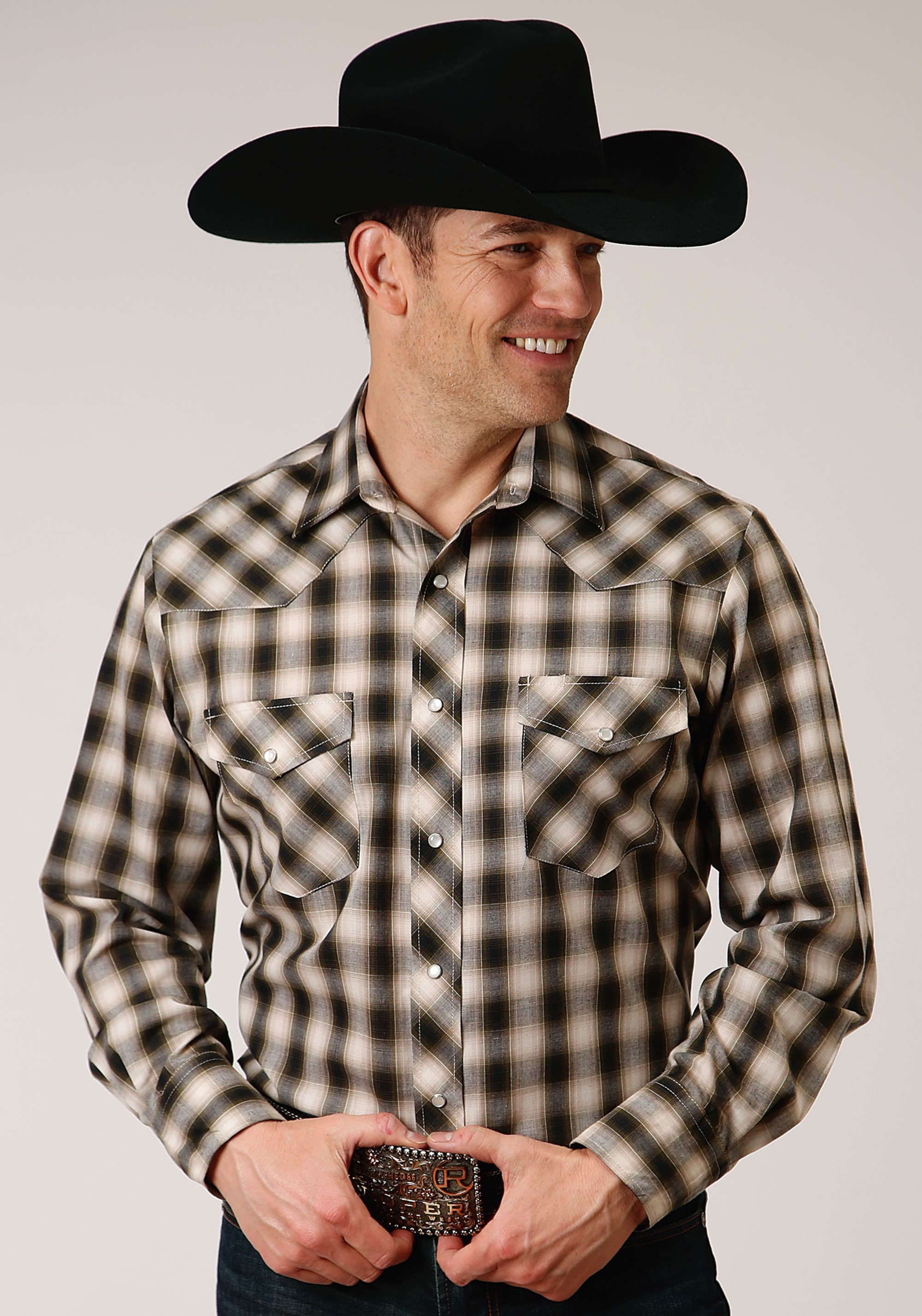 Roper Mens Long Sleeve Snap Black  Cream And Olive Plaid Western Shirt