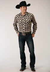 Roper Mens Long Sleeve Snap Black  Cream And Olive Plaid Western Shirt