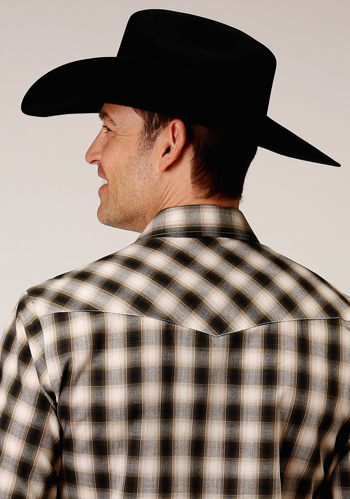 Roper Mens Long Sleeve Snap Black  Cream And Olive Plaid Western Shirt