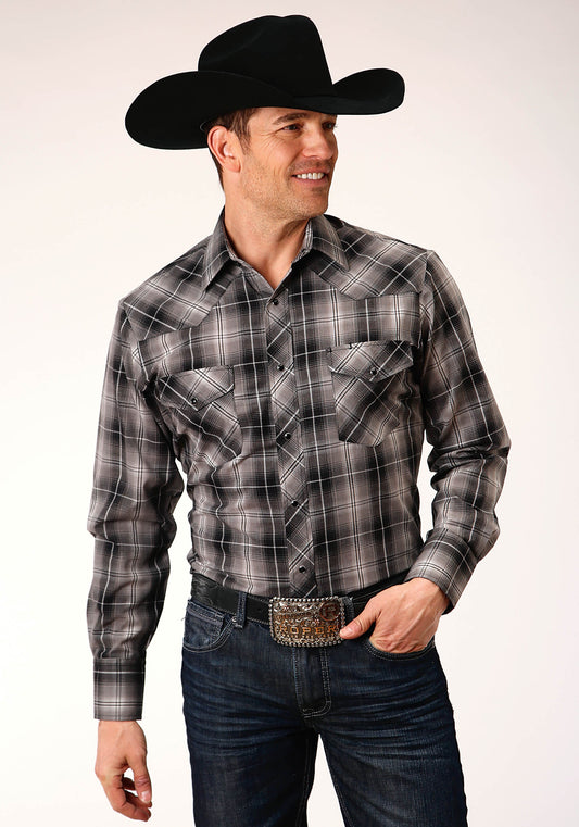 Roper Mens Long Sleeve Snap Black And Grey Plaid Western Shirt